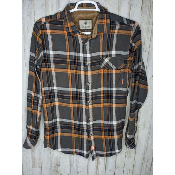 Legendary Whitetails Flannel Shirt‎ Mens Medium Orange Gray Plaid Flip Cuff - Picture 1 of 11